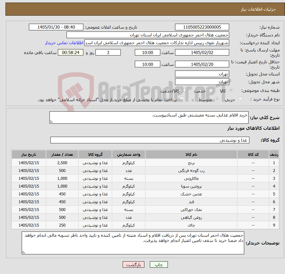 تصویر کوچک آگهی نیاز کالا-خرید اقلام غذایی بسته معیشتی طبق اسنادپیوست.