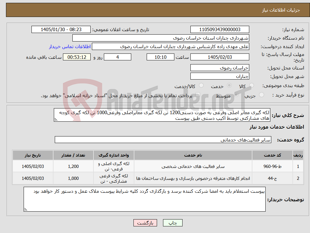 تصویر کوچک آگهی نیاز خدمات-لکه گیری معابر اصلی وفرعی به صورت دستی1200 تن لکه گیری معابراصلی وفرعی1000 تن لکه گیری کوچه های مشارکتی توسط اکیپ دستی طبق پیوست