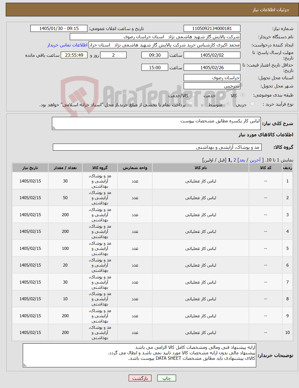 تصویر کوچک آگهی نیاز کالا-لباس کار یکسره مطابق مشخصات پیوست