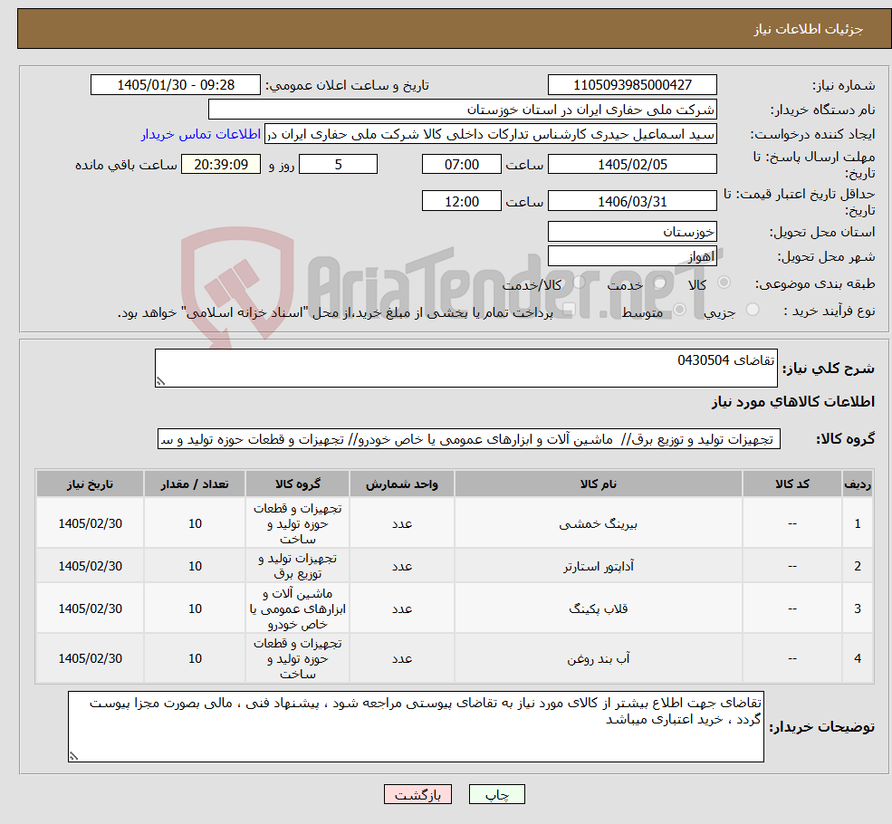 تصویر کوچک آگهی نیاز کالا-تقاضای 0430504