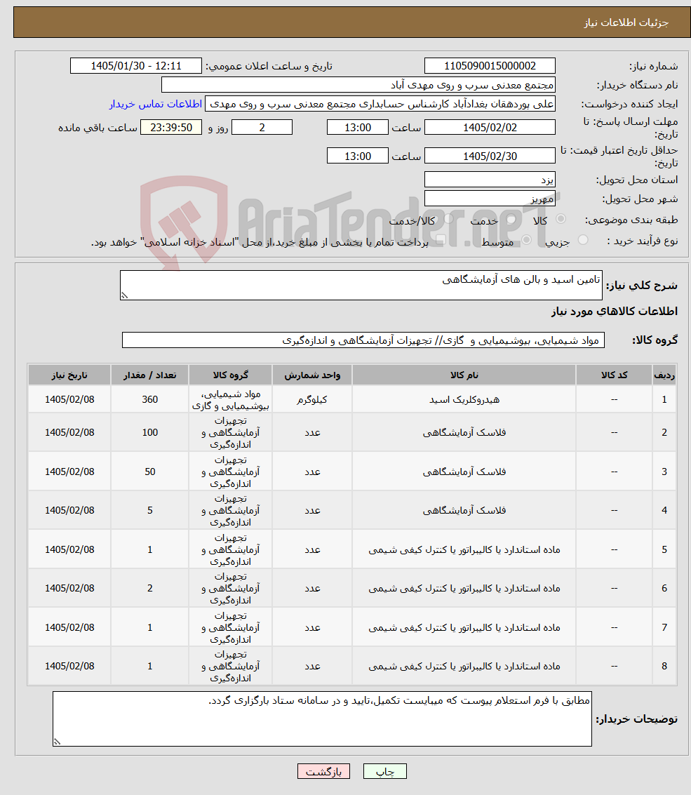 تصویر کوچک آگهی نیاز کالا-تامین اسید و بالن های آزمایشگاهی