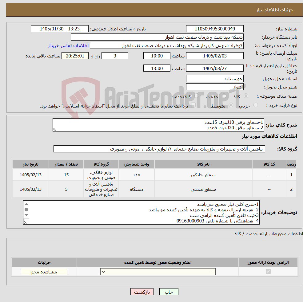 تصویر کوچک آگهی نیاز کالا-1-سماور برقی 10لیتری 15عدد 2-سماور برقی 20لیتری 5عدد