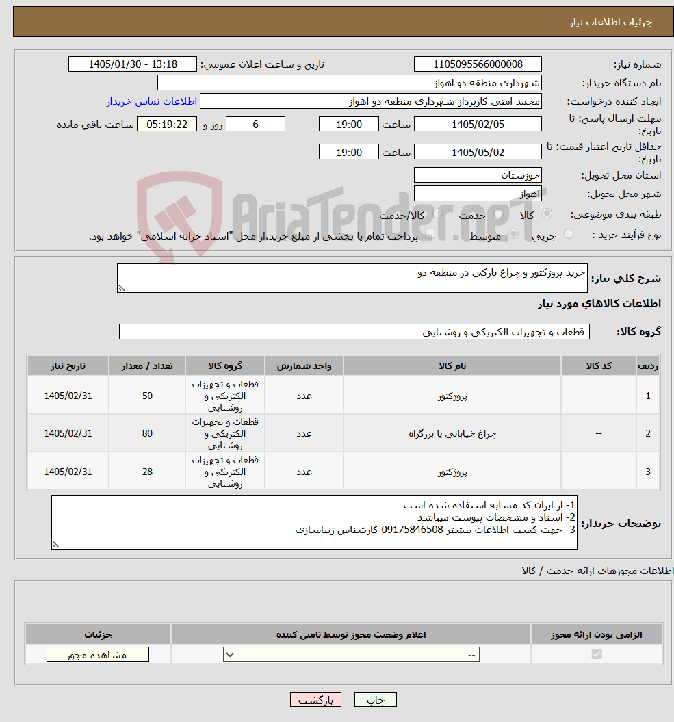 تصویر کوچک آگهی نیاز کالا-خرید پروژکتور و چراغ پارکی در منطقه دو