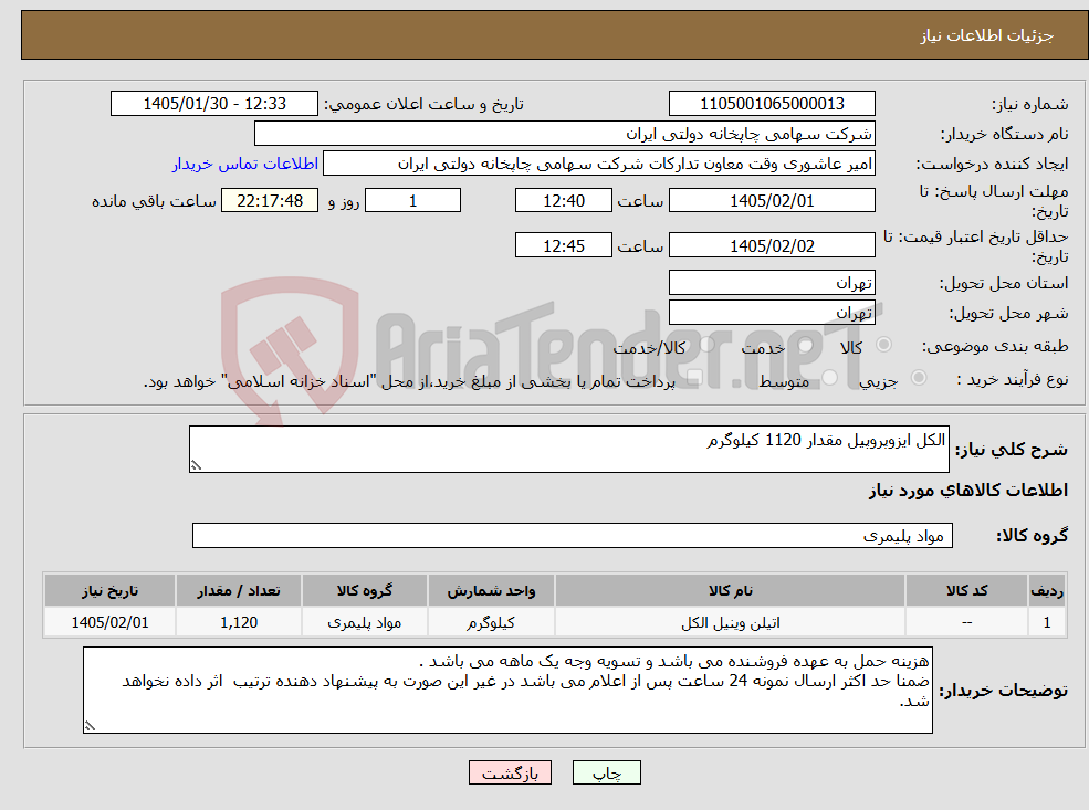 تصویر کوچک آگهی نیاز کالا-الکل ایزوپروپیل مقدار 1120 کیلوگرم