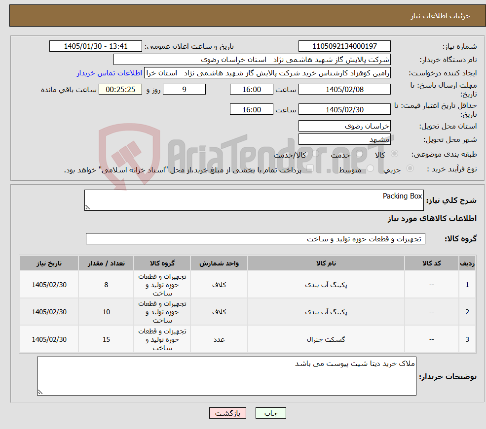 تصویر کوچک آگهی نیاز کالا-Packing Box
