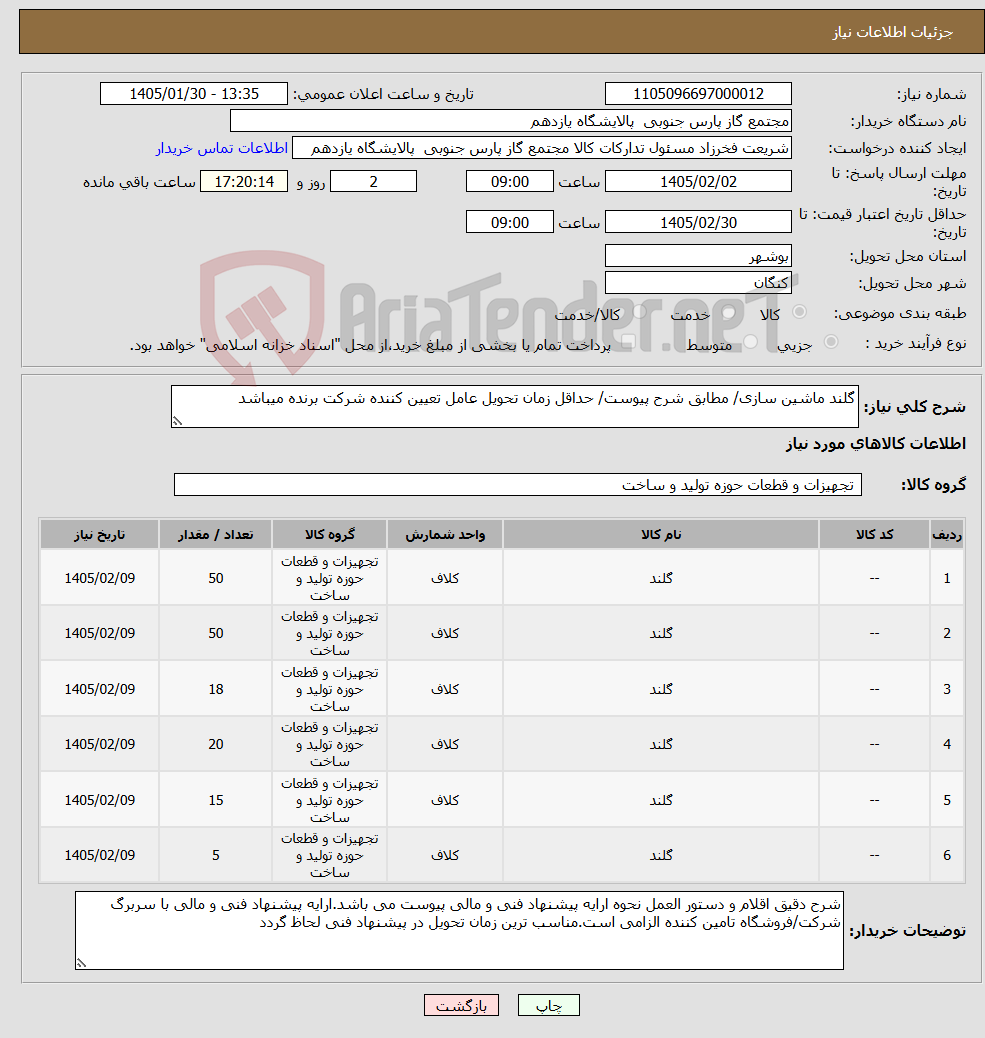 تصویر کوچک آگهی نیاز کالا-گلند ماشین سازی/ مطابق شرح پیوست/ حداقل زمان تحویل عامل تعیین کننده شرکت برنده میباشد