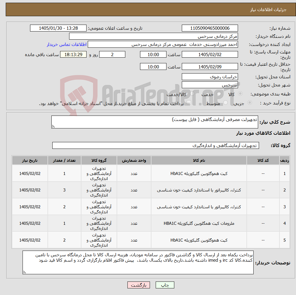 تصویر کوچک آگهی نیاز کالا-تجهیزلت مصرفی آزمایشگاهی ( فایل پیوست)