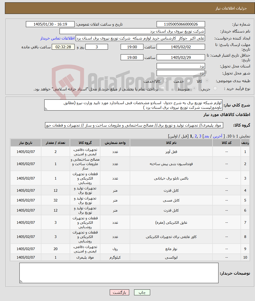 تصویر کوچک آگهی نیاز کالا-لوازم شبکه توزیع برق به شرح جدول اسنادو مشخصات فنی استاندارد مورد تایید وزارت نیرو (مطابق باوندورلیست شرکت توزیع نیروی برق استان یزد )