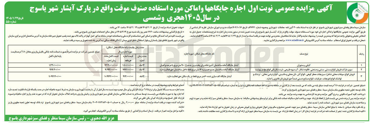 تصویر کوچک آگهی اجاره جایگاهها و اماکن مورد استفاده صنوف موقت