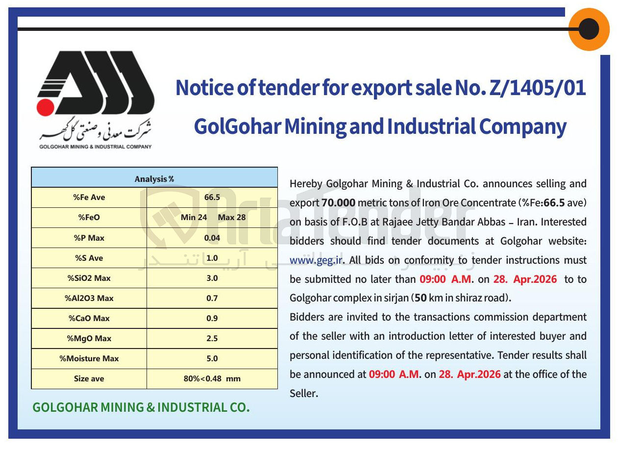 تصویر کوچک آگهی selling announces ave) (%Fe:66.5 Concentrate Ore Iron of tons metric 70.000 export