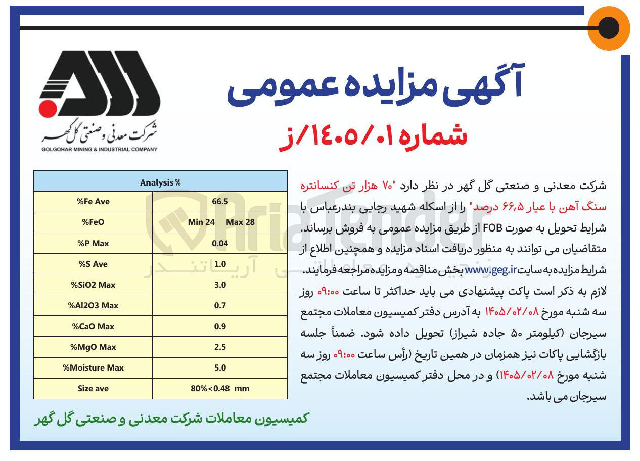 تصویر کوچک آگهی فروش 70 هزار تن کنسانتره سنگ آهن