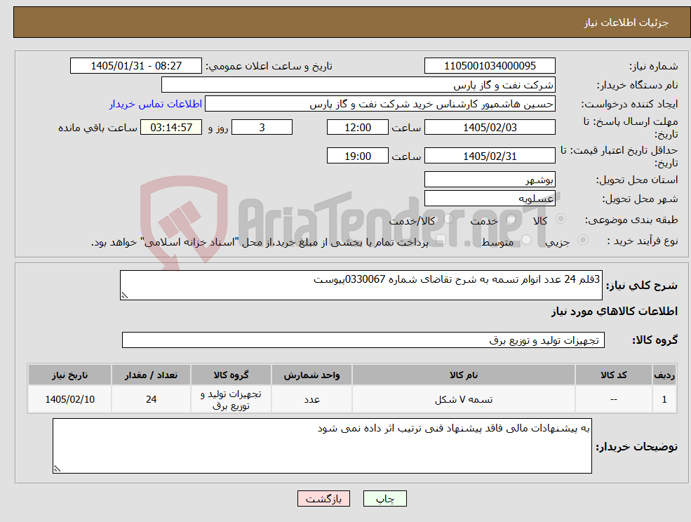 تصویر کوچک آگهی نیاز کالا-3قلم 24 عدد انوام تسمه به شرح تقاضای شماره 0330067پیوست