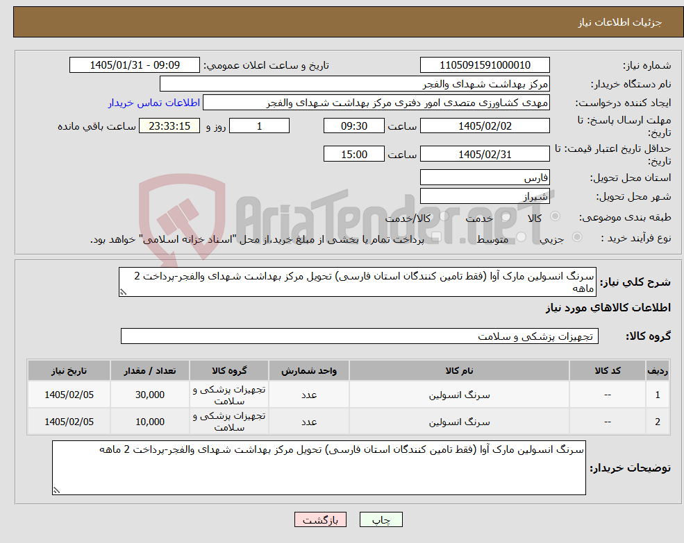 تصویر کوچک آگهی نیاز کالا-سرنگ انسولین مارک آوا (فقط تامین کنندگان استان فارسی) تحویل مرکز بهداشت شهدای والفجر-پرداخت 2 ماهه