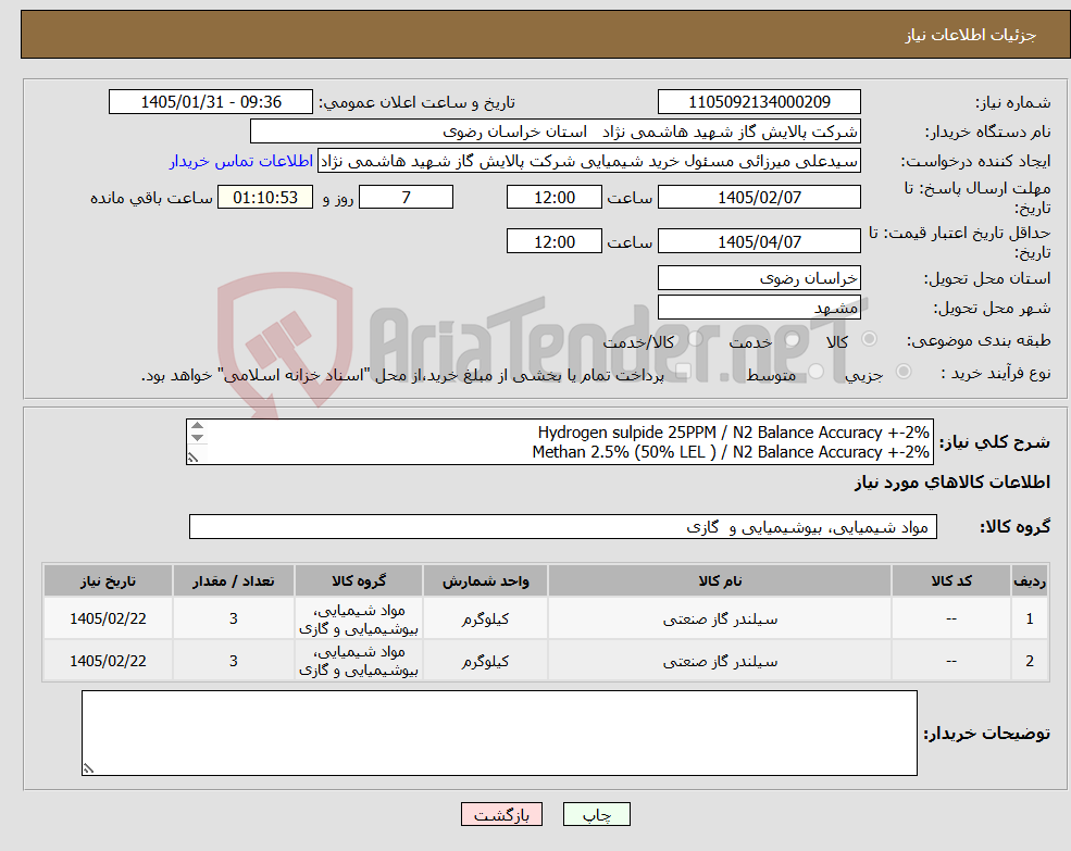 تصویر کوچک آگهی نیاز کالا-Hydrogen sulpide 25PPM / N2 Balance Accuracy +-2% Methan 2.5% (50% LEL ) / N2 Balance Accuracy +-2%