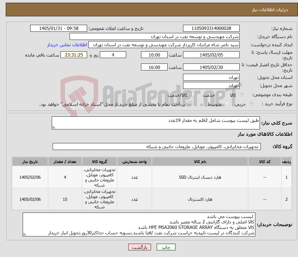 تصویر کوچک آگهی نیاز کالا-طبق لیست پیوست شامل 2قلم به مقدار 19عدد