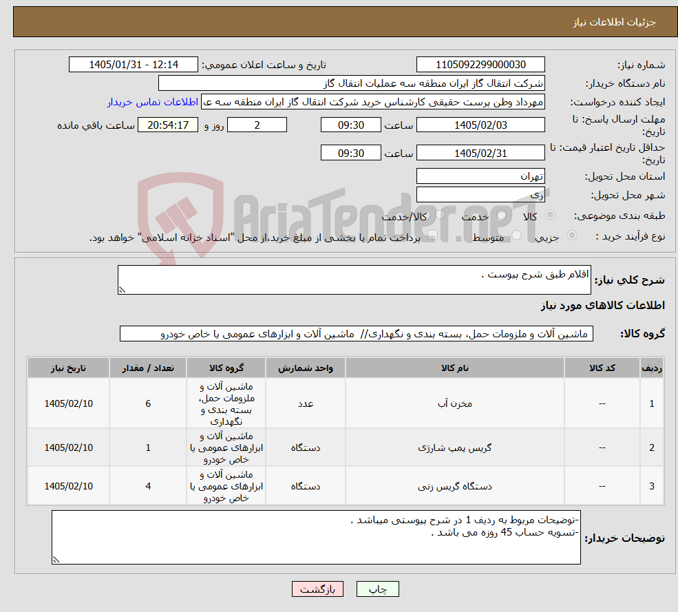 تصویر کوچک آگهی نیاز کالا-اقلام طبق شرح پیوست .