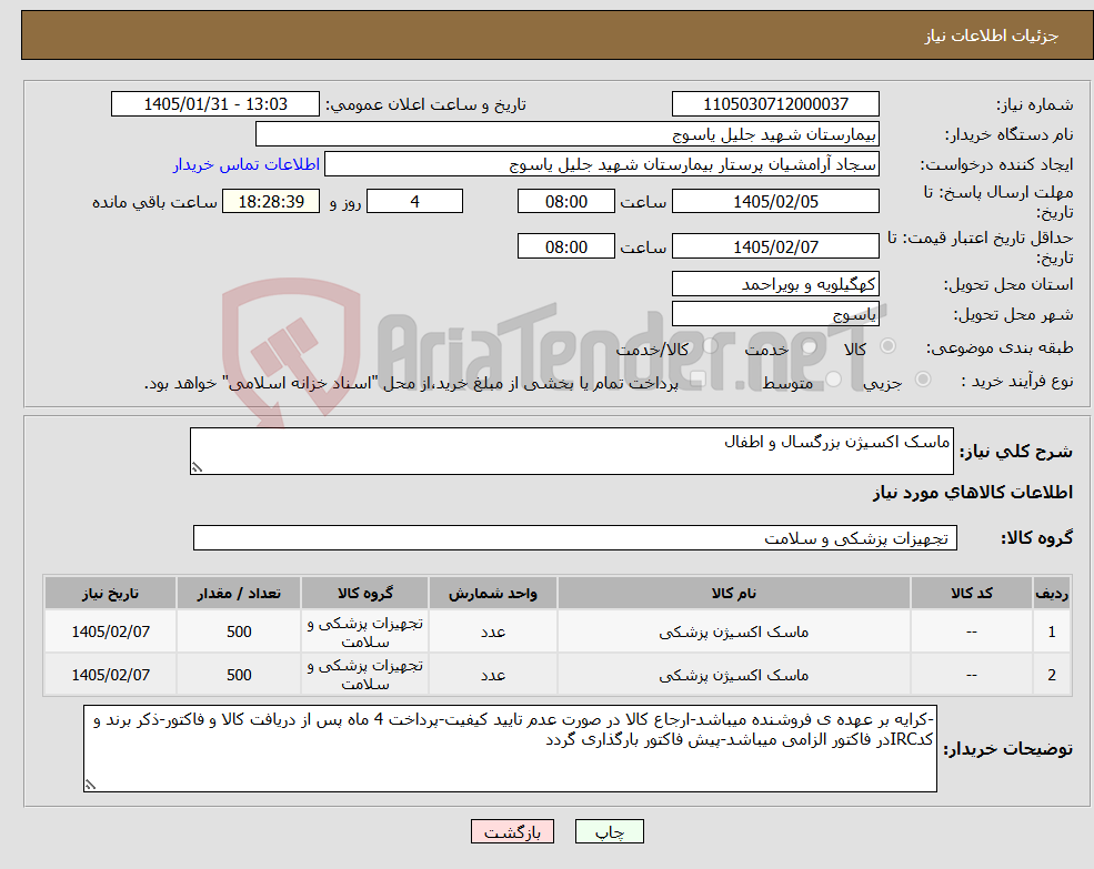 تصویر کوچک آگهی نیاز کالا-ماسک اکسیژن بزرگسال و اطفال