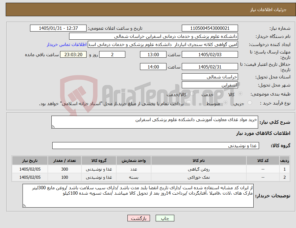 تصویر کوچک آگهی نیاز کالا-خرید مواد غذای معاونت آموزشی دانشکده علوم پزشکی اسفراین