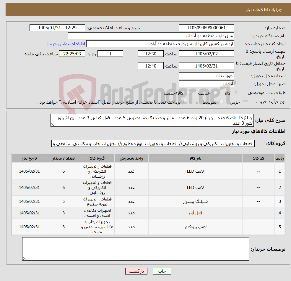 تصویر کوچک آگهی نیاز کالا-چراغ 15 وات 6 عدد - چراغ 20 وات 6 عدد - شیر و شیلنگ دستشویی 5 عدد - قفل کتابی 3 عدد - چراغ پروژ کتور 3 عدد 