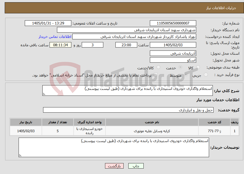 تصویر کوچک آگهی نیاز خدمات-استعلام واگذاری خودروی استیجاری با راننده برای شهرداری (طبق لیست پیوسنی)