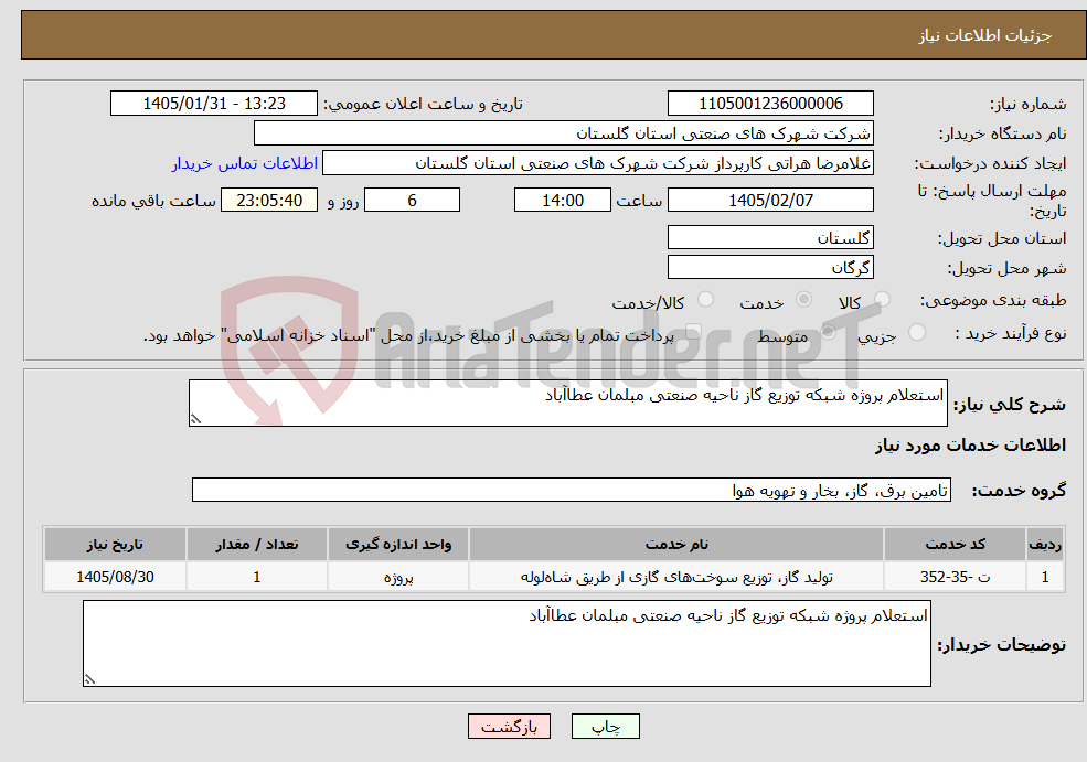 تصویر کوچک آگهی نیاز خدمات-استعلام پروژه شبکه توزیع گاز ناحیه صنعتی مبلمان عطاآباد