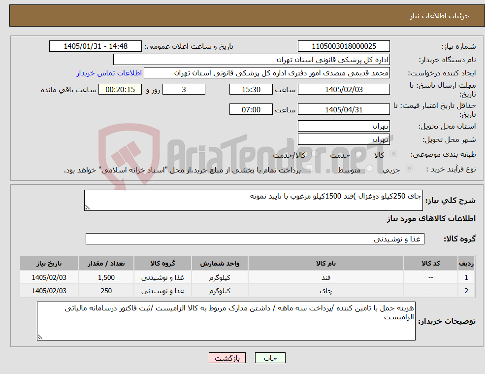 تصویر کوچک آگهی نیاز کالا-چای 250کیلو دوغزال )قند 1500کیلو مرغوب با تایید نمونه