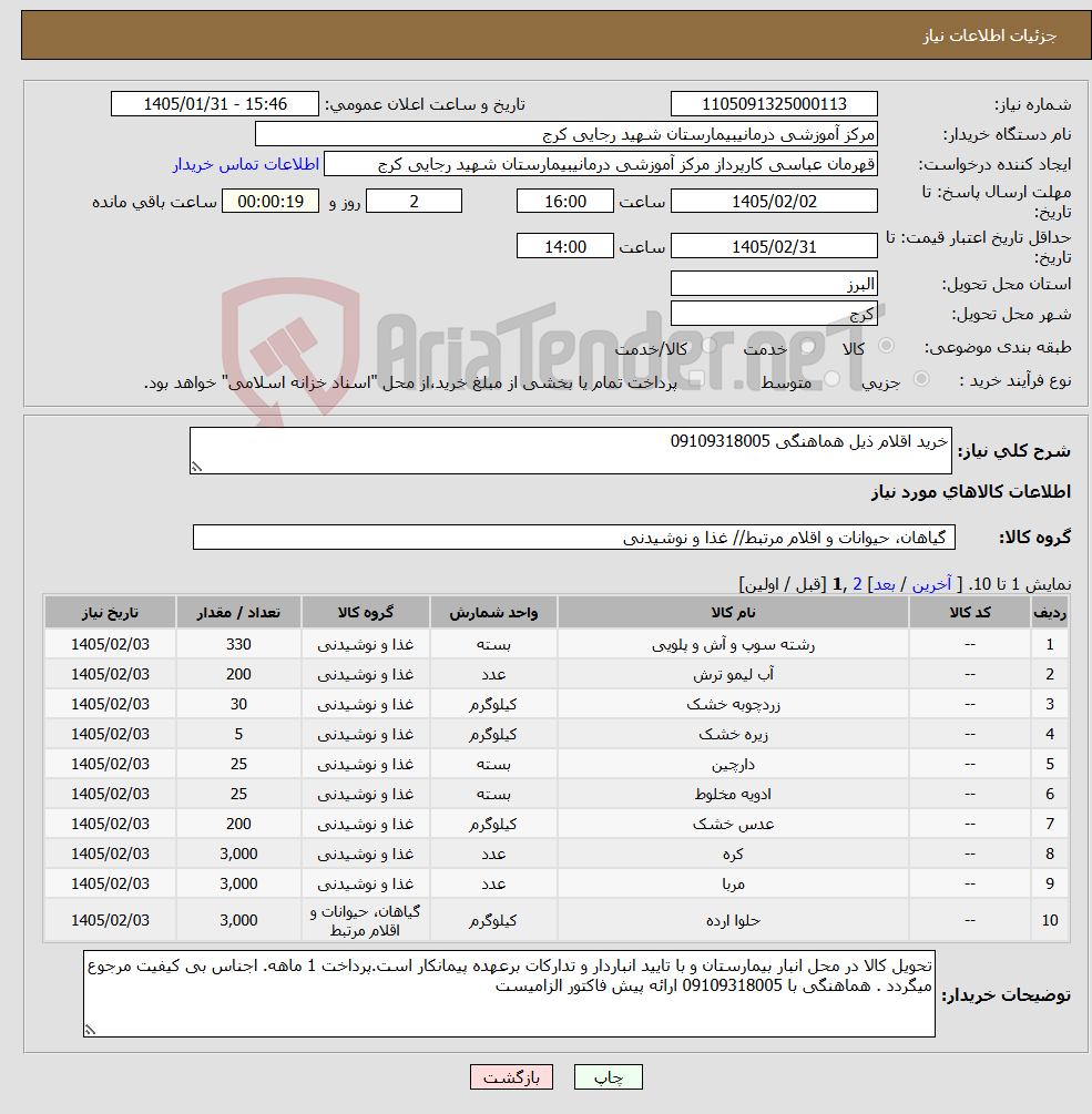 تصویر کوچک آگهی نیاز کالا-خرید اقلام ذیل هماهنگی 09109318005