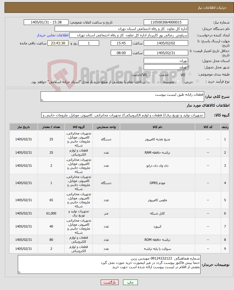 تصویر کوچک آگهی نیاز کالا-قطعات رایانه طبق لیست پیوست
