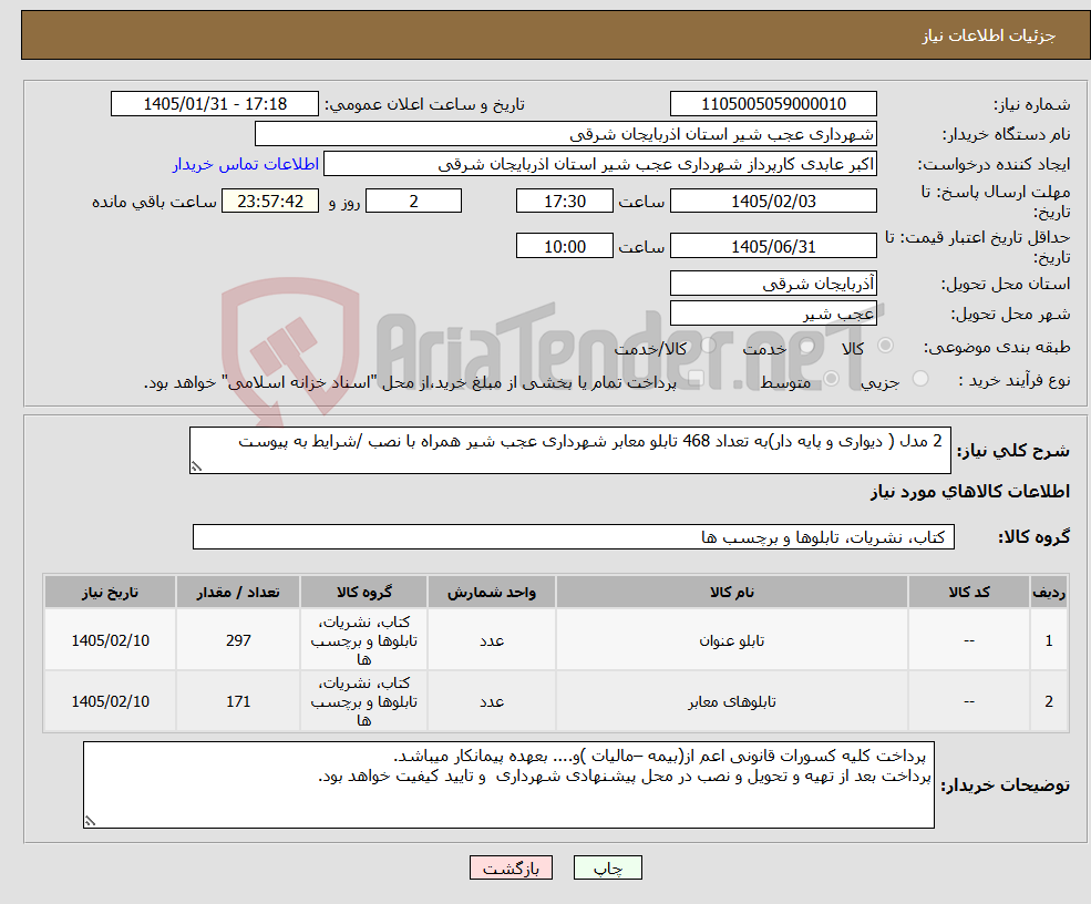 تصویر کوچک آگهی نیاز کالا- 2 مدل ( دیواری و پایه دار)به تعداد 468 تابلو معابر شهرداری عجب شیر همراه با نصب /شرایط به پیوست