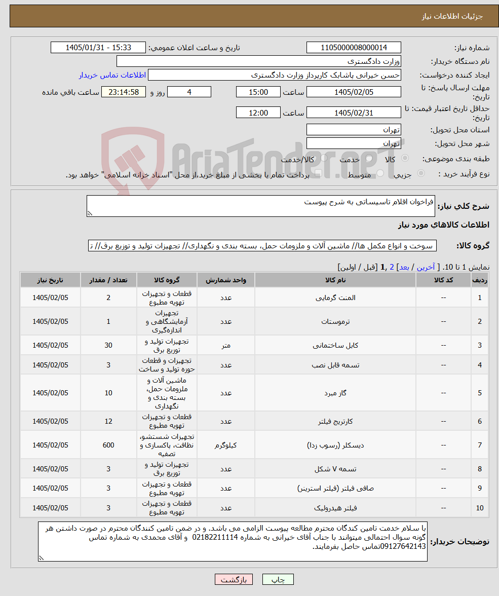 تصویر کوچک آگهی نیاز کالا-فراخوان اقلام تاسیساتی به شرح پیوست