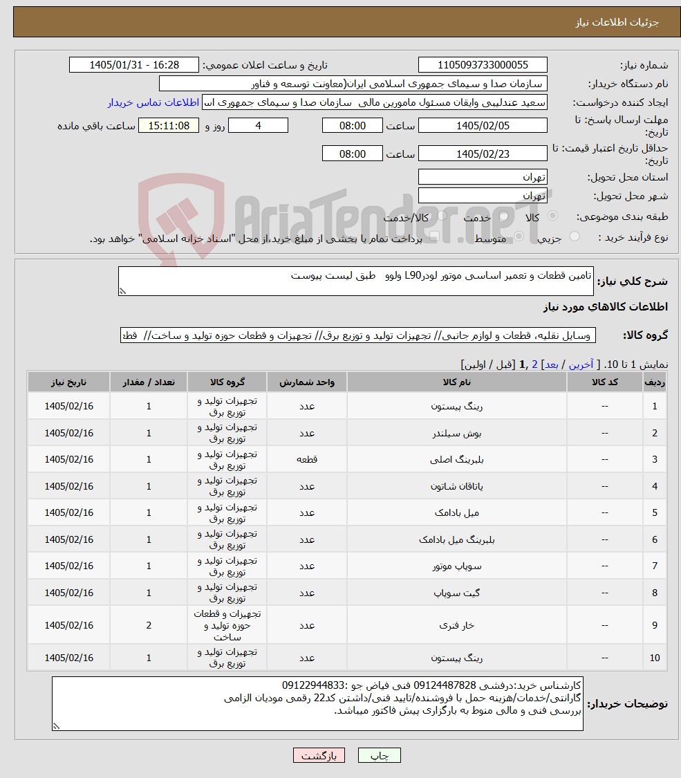 تصویر کوچک آگهی نیاز کالا-تامین قطعات و تعمیر اساسی موتور لودرL90 ولوو طبق لیست پیوست