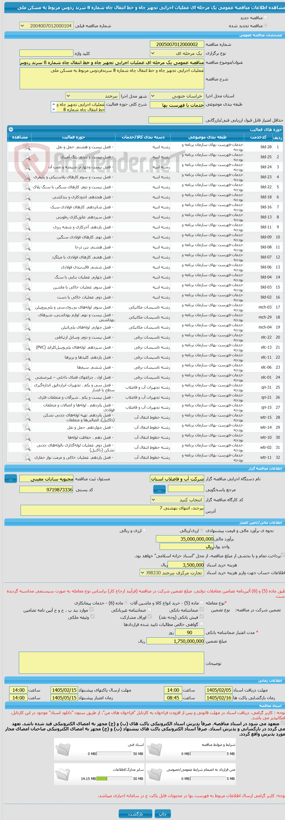تصویر کوچک آگهی مناقصه عمومی یک مرحله ای عملیات اجرایی تجهیز چاه و خط انتقال چاه شماره 8 سرند ردوس مربوط به مسکن ملی