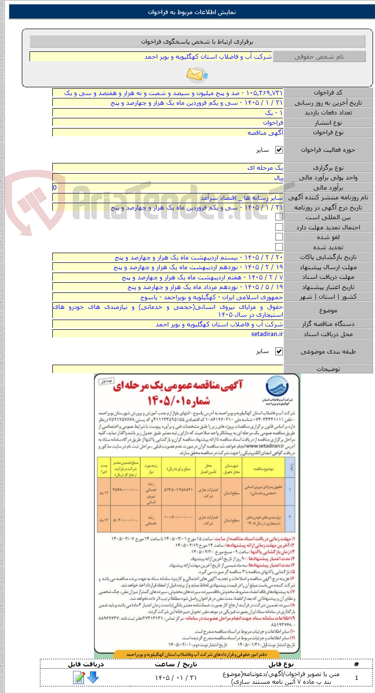 تصویر کوچک آگهی حقوق و مزایای نیروی انسانی(حجمی و خدماتی) و نیازمندی های خودرو های استیجاری در سال ۱۴۰۵
