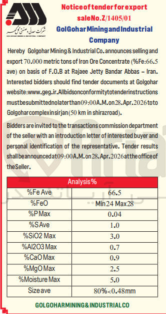 تصویر کوچک آگهی and selling Co.announces (%Fe:66.5 Concentrate Ore Iron of tons metric 70.000 export 