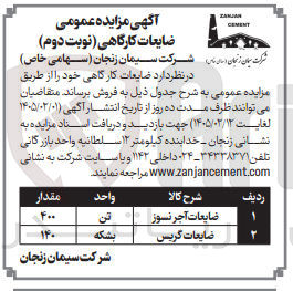 تصویر کوچک آگهی فروش ضایعات کارگاهی