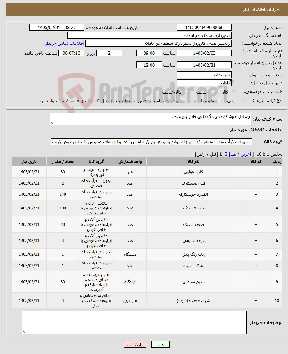 تصویر کوچک آگهی نیاز کالا-وسایل جوشکاری و رنگ طبق فایل پیوستی