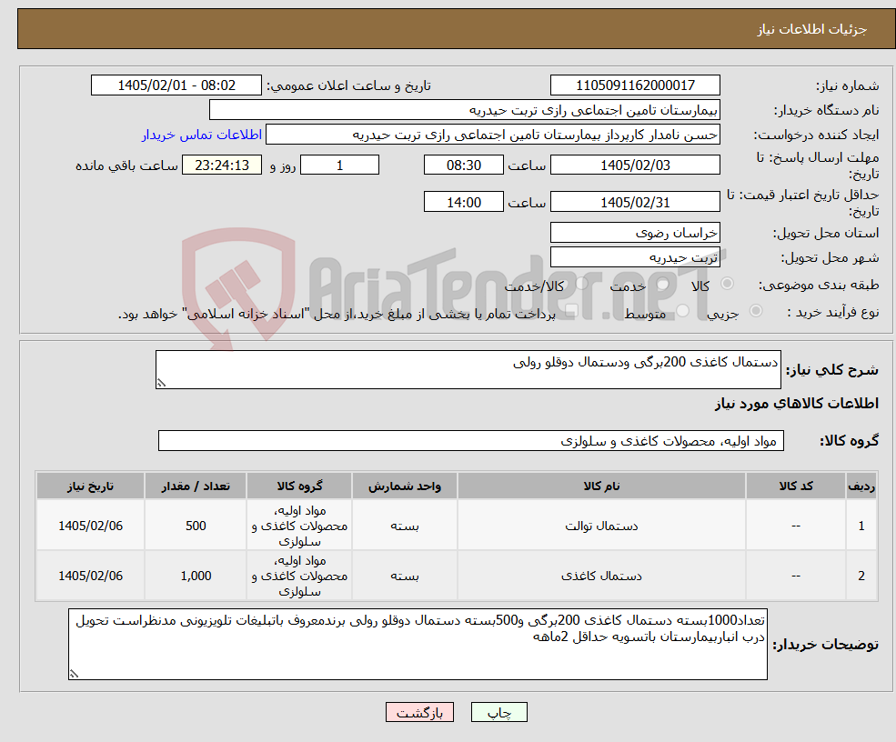 تصویر کوچک آگهی نیاز کالا-دستمال کاغذی 200برگی ودستمال دوقلو رولی