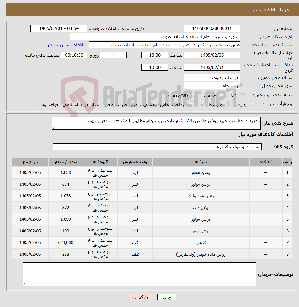 تصویر کوچک آگهی نیاز کالا-تجدید درخواست خرید روغن ماشین آلات شهرداری تربت جام مطابق با مشخصات دقیق پیوست