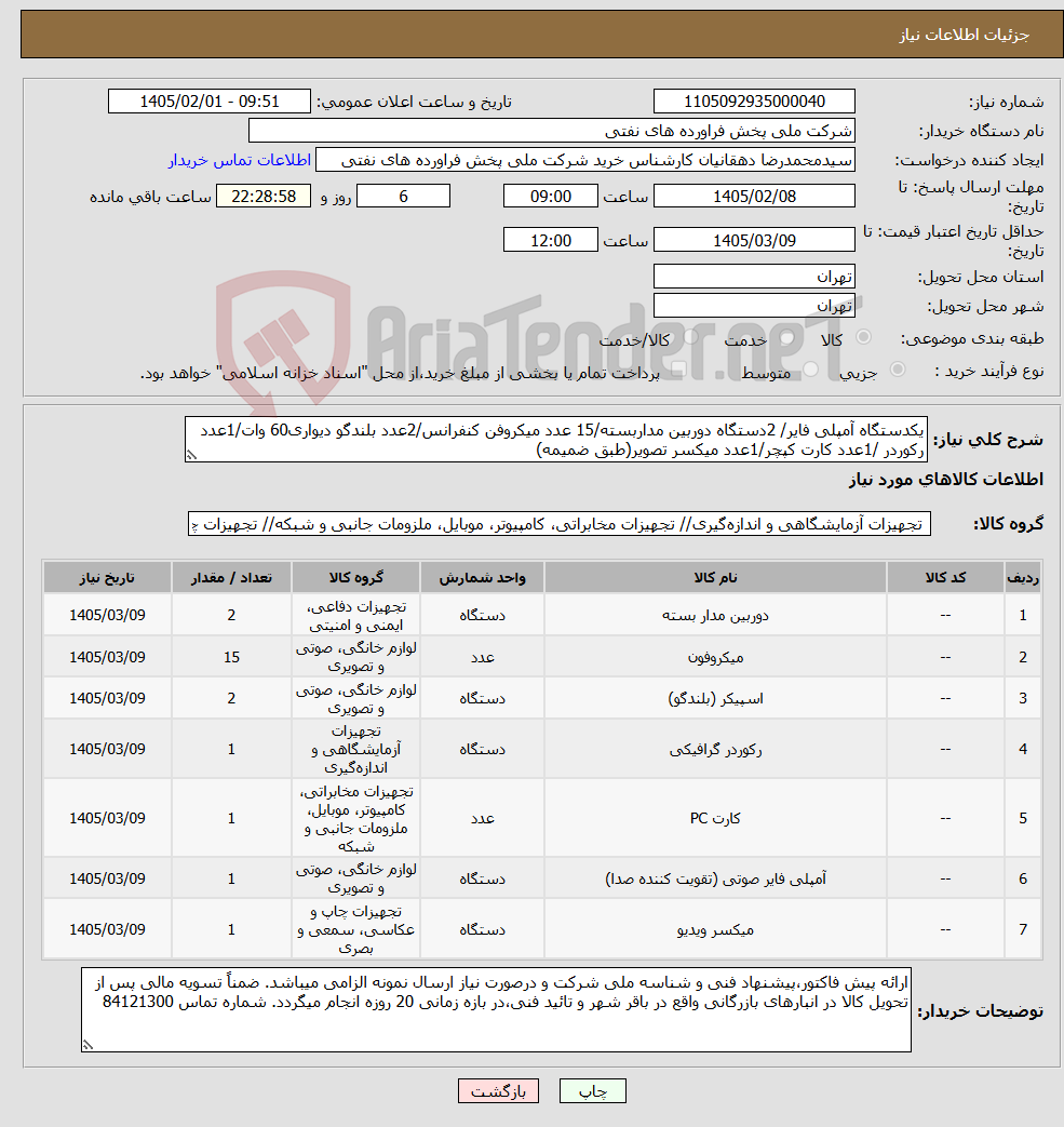 تصویر کوچک آگهی نیاز کالا-یکدستگاه آمپلی فایر/ 2دستگاه دوربین مداربسته/15 عدد میکروفن کنفرانس/2عدد بلندگو دیواری60 وات/1عدد رکوردر /1عدد کارت کپچر/1عدد میکسر تصویر(طبق ضمیمه)