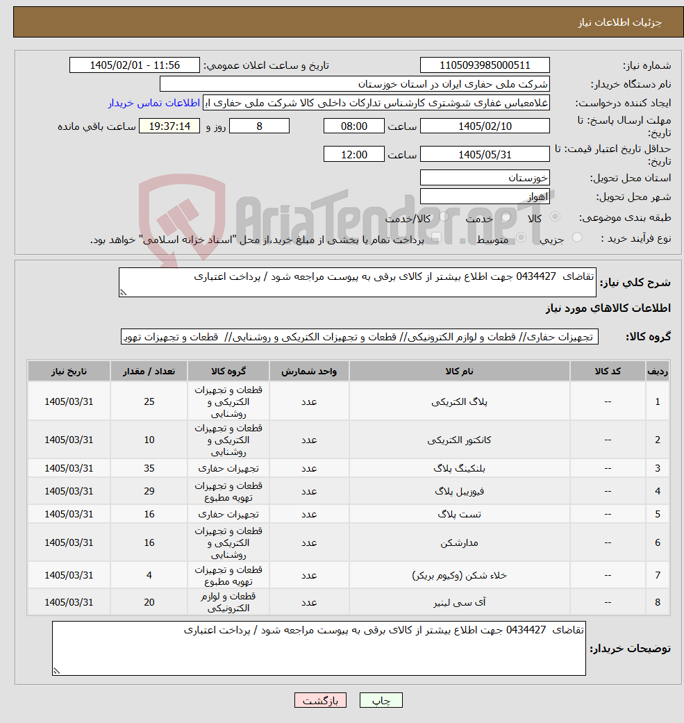 تصویر کوچک آگهی نیاز کالا-تقاضای 0434427 جهت اطلاع بیشتر از کالای برقی به پیوست مراجعه شود / پرداخت اعتباری