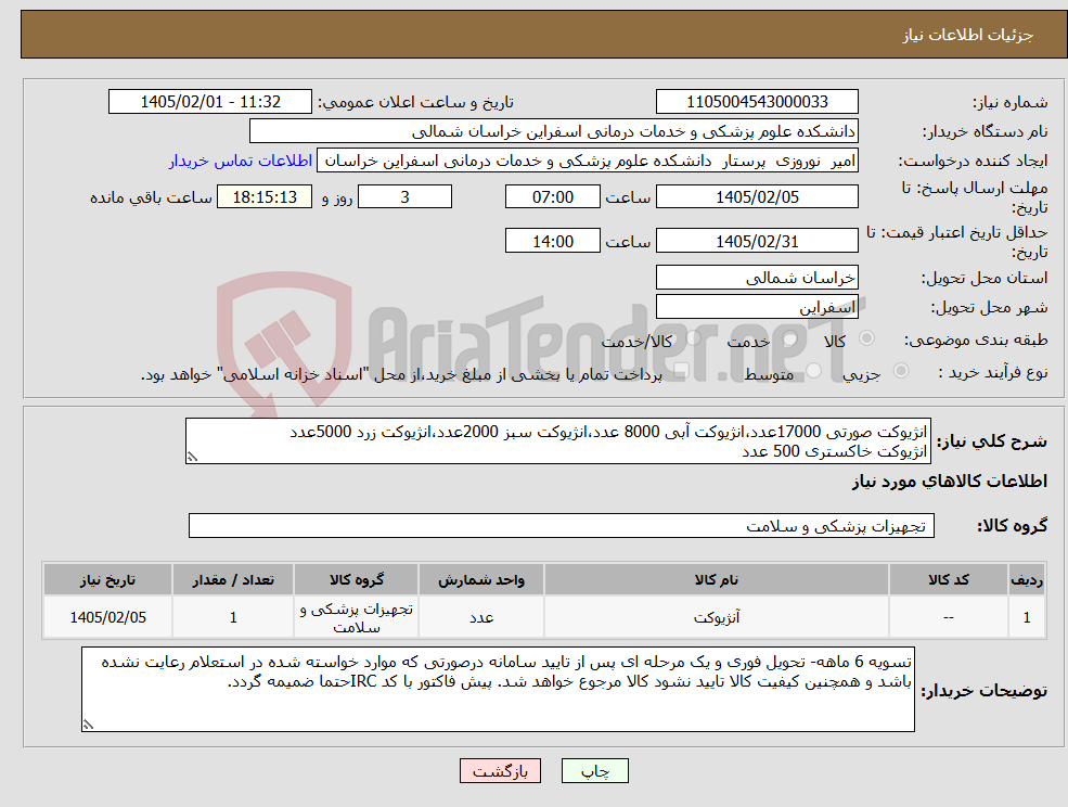 تصویر کوچک آگهی نیاز کالا-انژیوکت صورتی 17000عدد،انژیوکت آبی 8000 عدد،انژیوکت سبز 2000عدد،انژیوکت زرد 5000عدد انژیوکت خاکستری 500 عدد