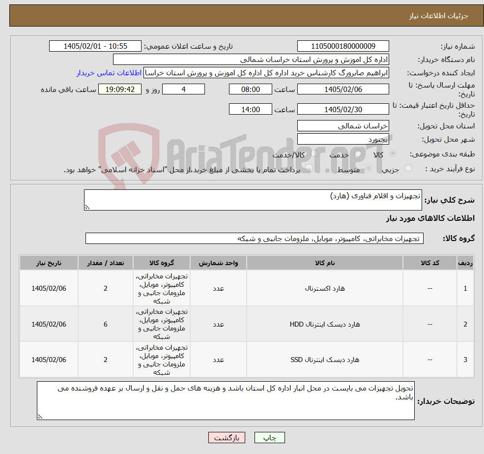 تصویر کوچک آگهی نیاز کالا-تجهیزات و اقلام فناوری (هارد)