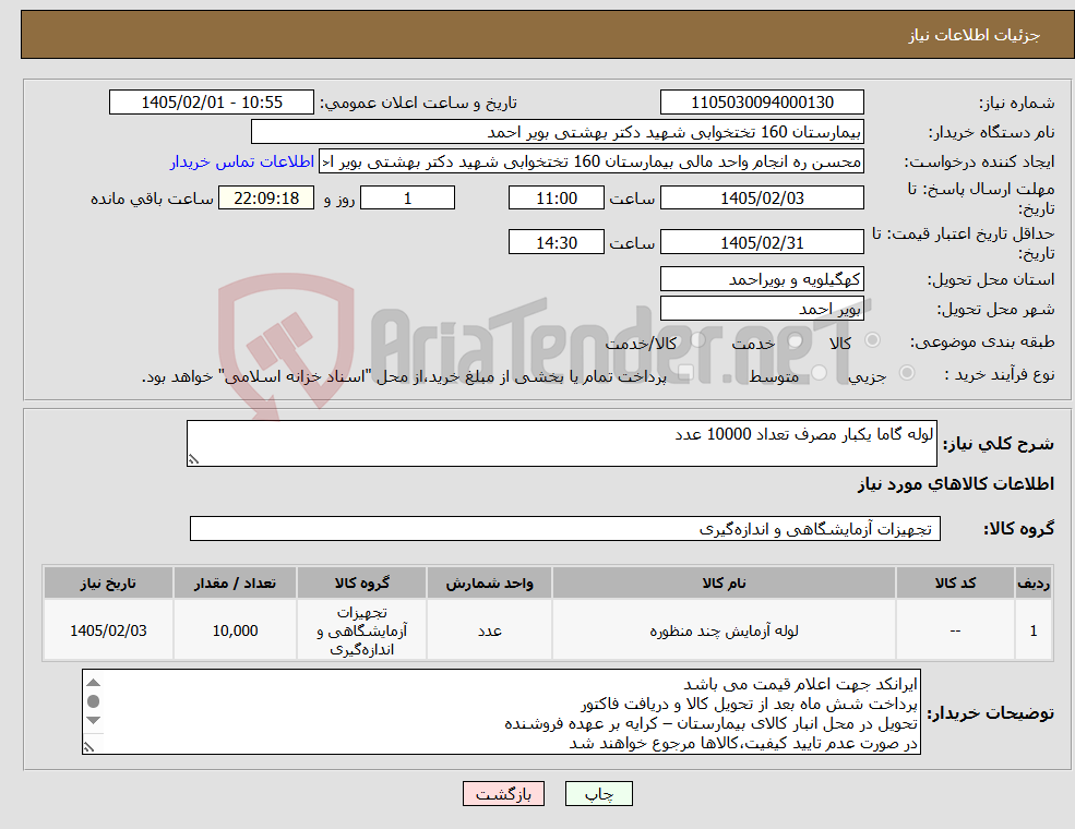 تصویر کوچک آگهی نیاز کالا-لوله گاما یکبار مصرف تعداد 10000 عدد