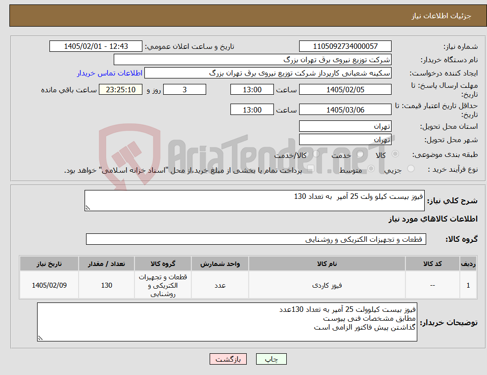 تصویر کوچک آگهی نیاز کالا-فیوز بیست کیلو ولت 25 آمپر به تعداد 130