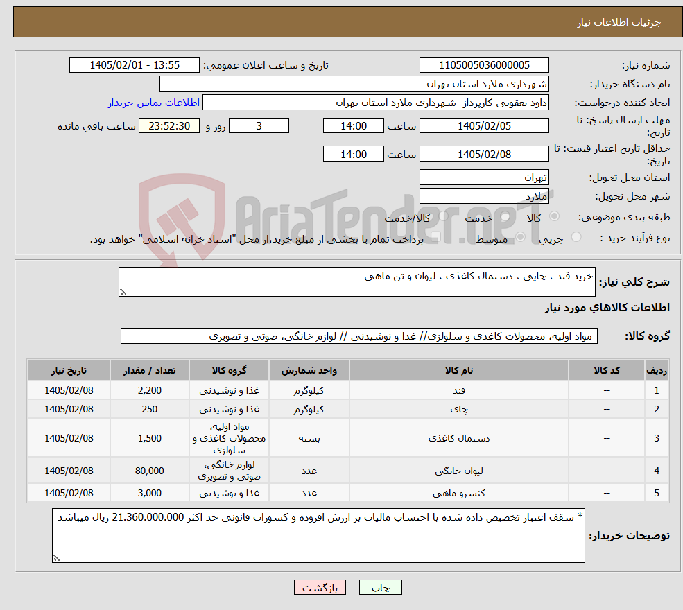 تصویر کوچک آگهی نیاز کالا-خرید قند ، چایی ، دستمال کاغذی ، لیوان و تن ماهی 