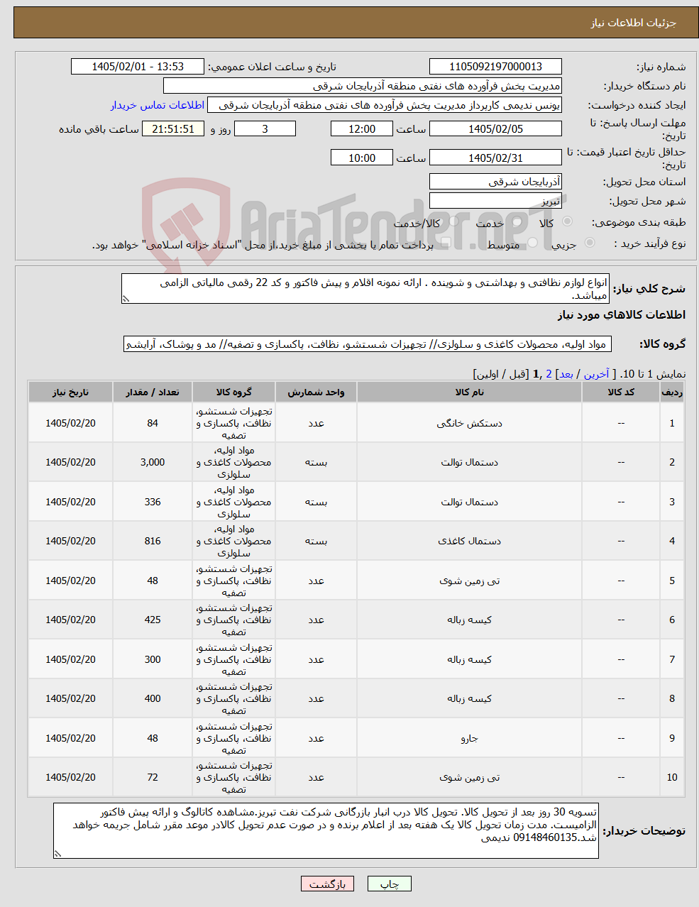 تصویر کوچک آگهی نیاز کالا-انواع لوازم نظافتی و بهداشتی و شوینده . ارائه نمونه اقلام و پیش فاکتور و کد 22 رقمی مالیاتی الزامی میباشد.