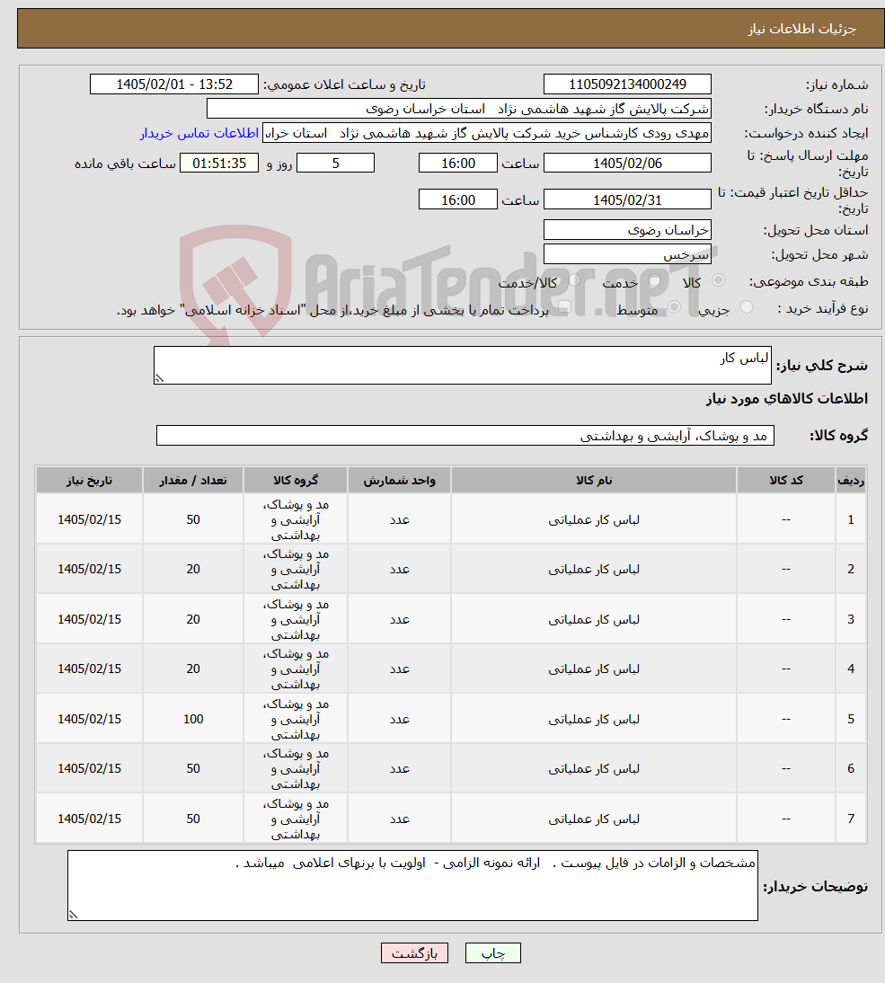 تصویر کوچک آگهی نیاز کالا-لباس کار