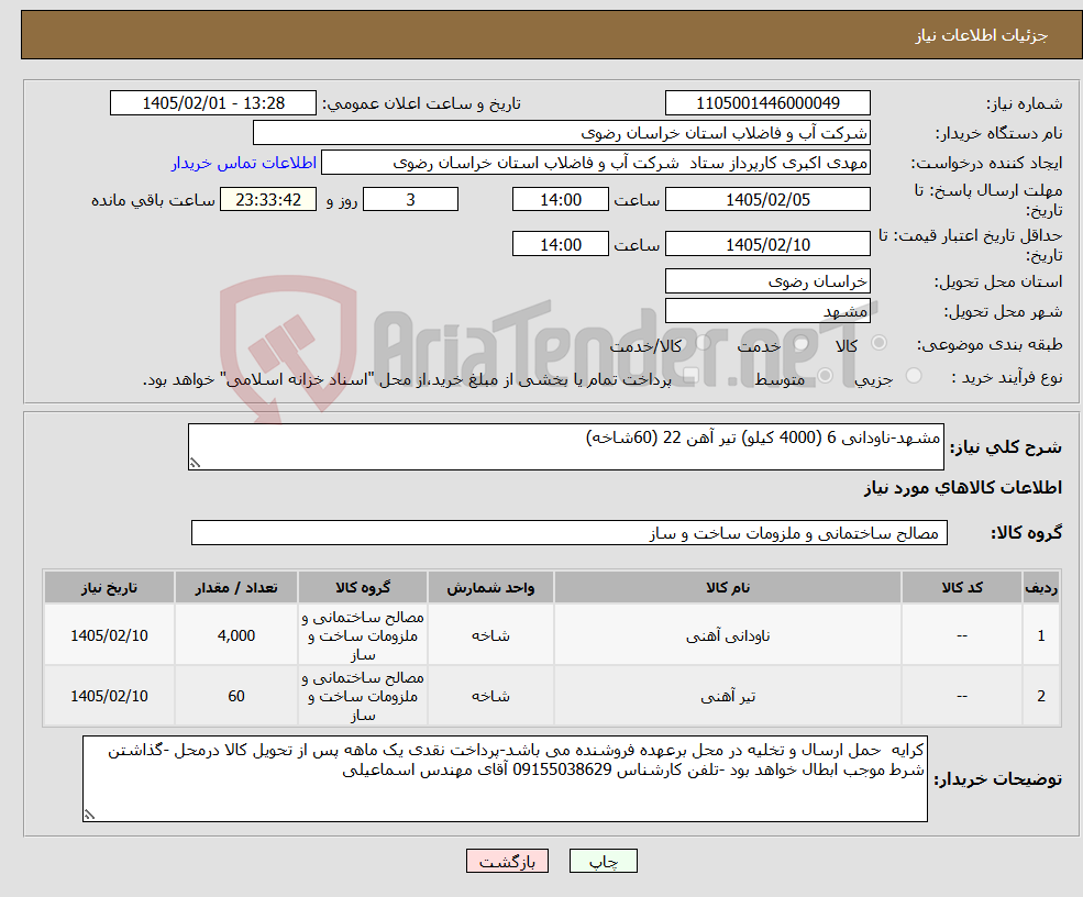 تصویر کوچک آگهی نیاز کالا-مشهد-ناودانی 6 (4000 کیلو) تیر آهن 22 (60شاخه)