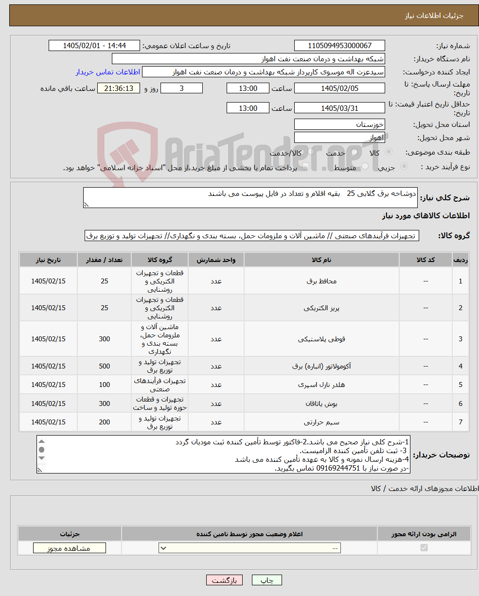 تصویر کوچک آگهی نیاز کالا-دوشاخه برق گلابی 25 بقیه اقلام و تعداد در فایل پیوست می باشند