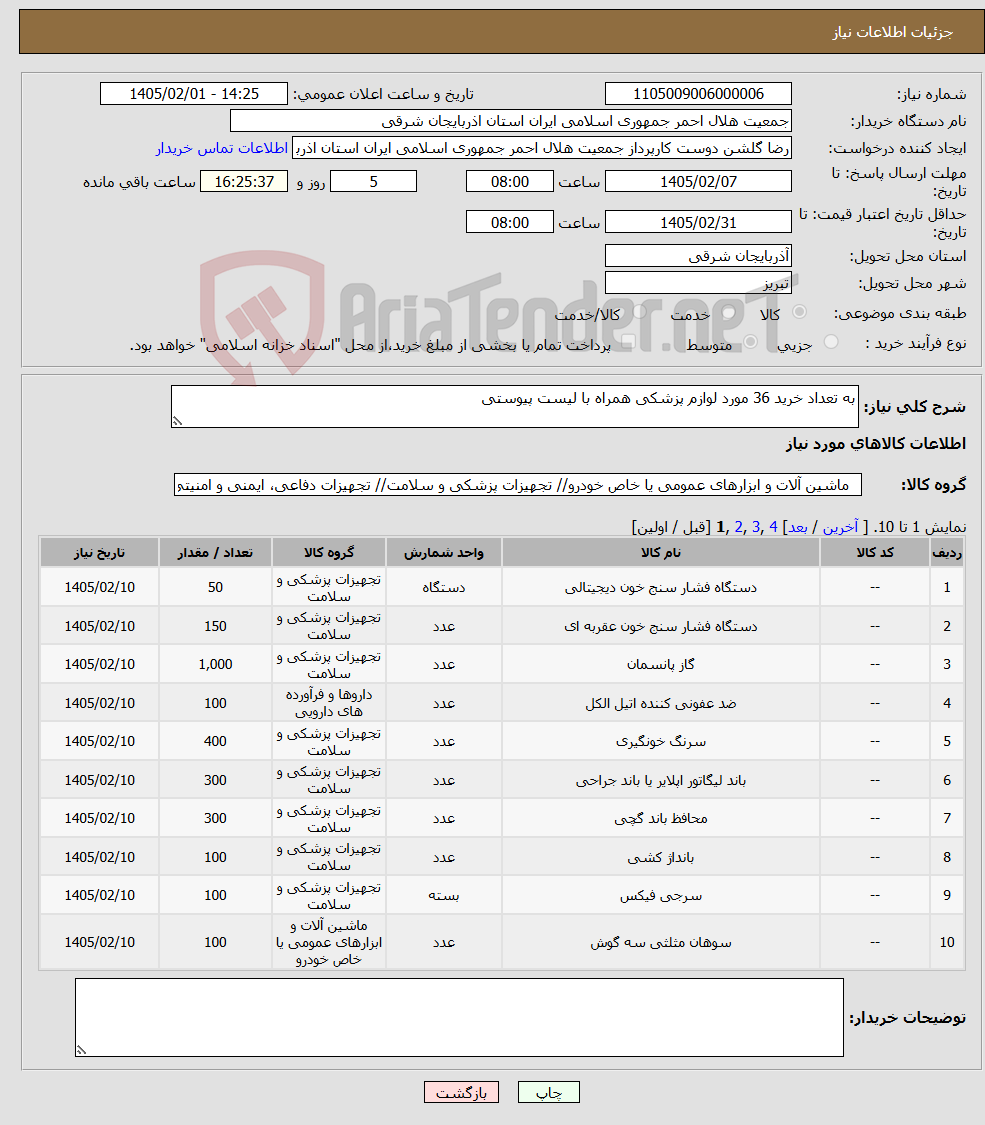 تصویر کوچک آگهی نیاز کالا-به تعداد خرید 36 مورد لوازم پزشکی همراه با لیست پیوستی 